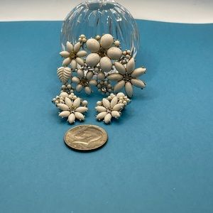 VINTAGE Clip Earrings Milk Glass & Clear Rhinestone